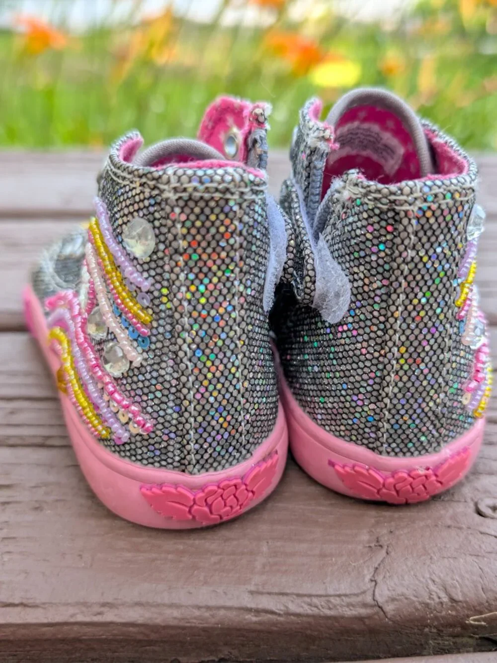 Kids Lelli Kelly Rainbow Sequin High-Top Sneakers Rainbows and Hearts Sz. 24/7.5
